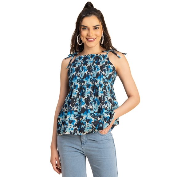 Moomaya Shoulder Straps Square Neck Pin Tucks Cotton Top - Women's Trendy Top