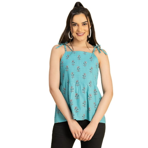 Moomaya Shoulder Straps Square Neck Pin Tucks Cotton Top - Women's Trendy Top