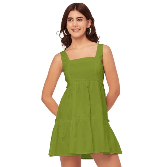 Moomaya Shoulder Straps Square Neck Solid Cotton Dress - Women's Trendy Dress