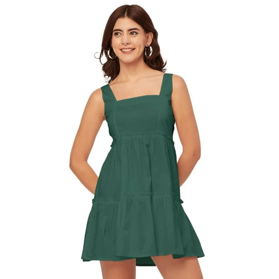 Moomaya Shoulder Straps Square Neck Solid Cotton Dress - Women's Trendy Dress