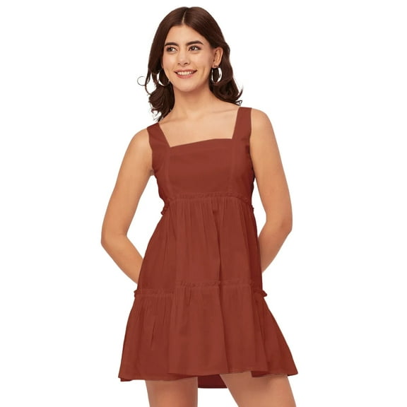 Moomaya Shoulder Straps Square Neck Solid Cotton Dress - Women's Trendy Dress