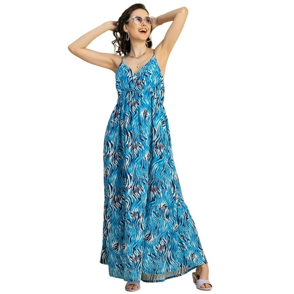Moomaya Shoulder Straps V Neck Printed Rayon Dress - Women's Boho Maxi Dress