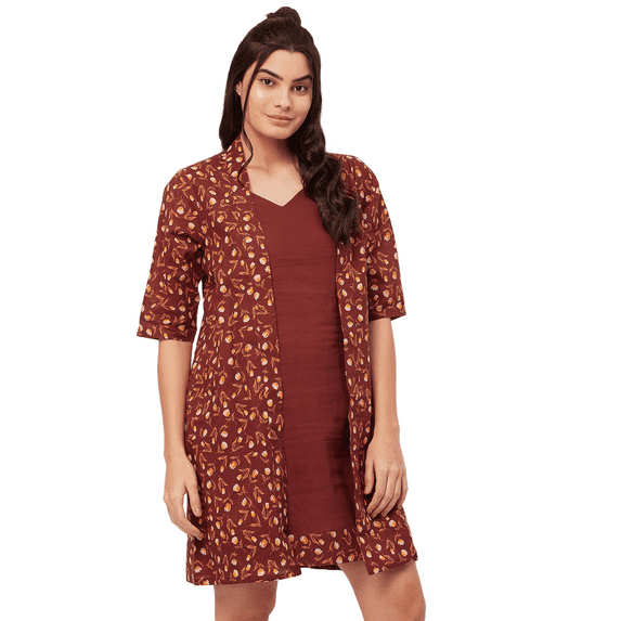 Moomaya Sleepwear, 2 Pcs Cotton Night Dress For Women, Sleeveless Dress & Shrug Set