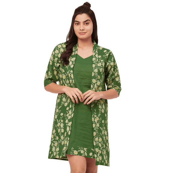 Moomaya Sleepwear, 2 Pcs Cotton Night Dress For Women, Sleeveless Dress & Shrug Set