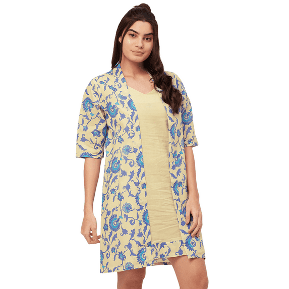 Moomaya Sleepwear, 2 Pcs Cotton Night Dress For Women, Sleeveless Dress & Shrug Set