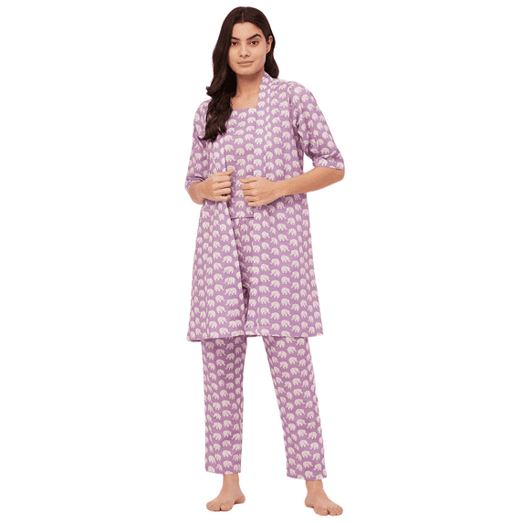Moomaya Sleepwear, 3 Pcs Cotton Loungewear Set, Printed Top Pajama & Shrug Night Suit Set