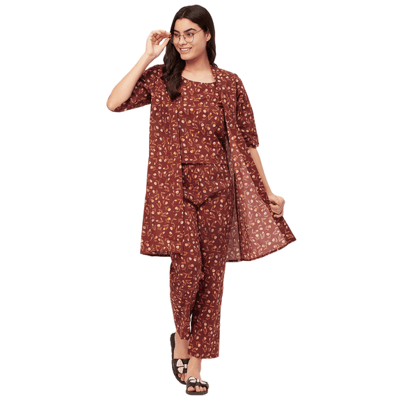 Moomaya Sleepwear, 3 Pcs Cotton Loungewear Set, Printed Top Pajama & Shrug Night Suit Set