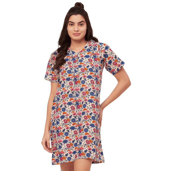 Moomaya Sleepwear, Printed Cotton Night Dress For Women, Short Sleeve Lounge Shirt