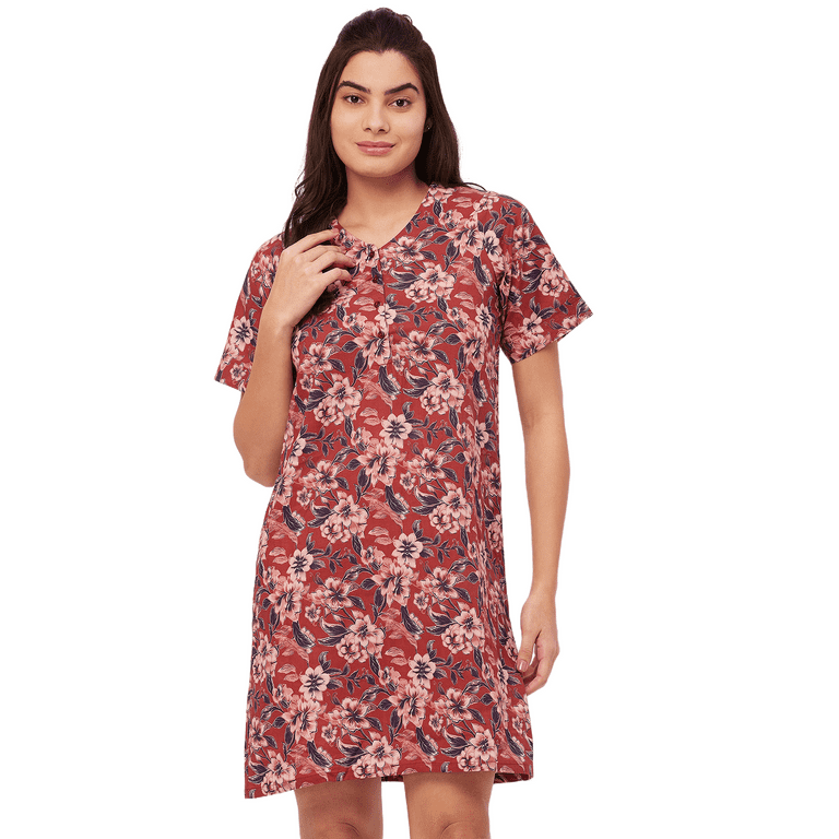 Moomaya Sleepwear Printed Cotton Night Dress for Women Short Sleeve Lounge Shirt Women s Size Large Brown