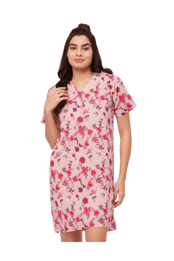 Sleepwear, Printed Cotton Night Dress For Women, Short Sleeve Lounge Shirt