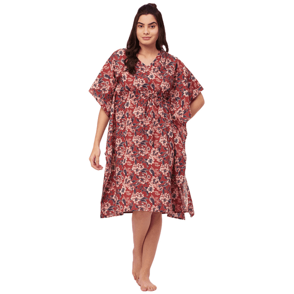 Moomaya Sleepwear, Printed Kaftan For Women, V-Neck Cotton Caftan Sleep Dress