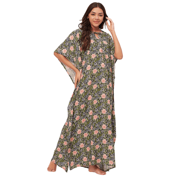 Moomaya Sleepwear, Printed Kaftan Maxi For Women, Round Neck Rayon Caftan Dress