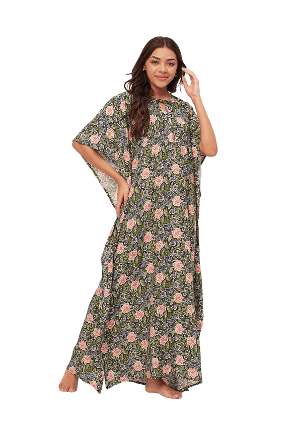 Sleepwear, Printed Kaftan Maxi For Women, Round Neck Rayon Caftan Dress