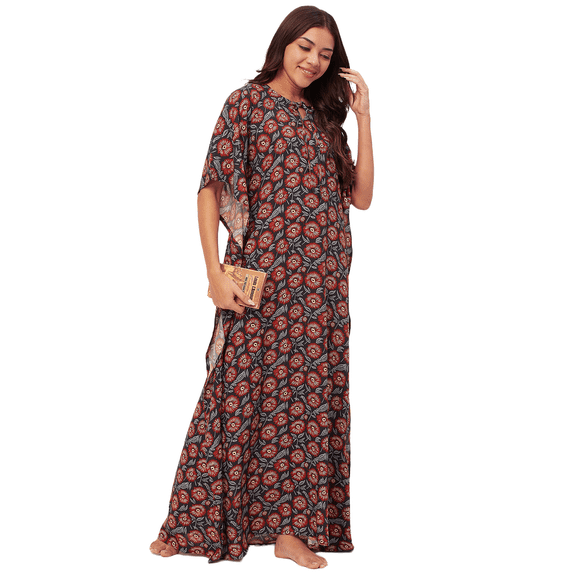 Moomaya Sleepwear, Printed Kaftan Maxi For Women, Round Neck Rayon Caftan Dress