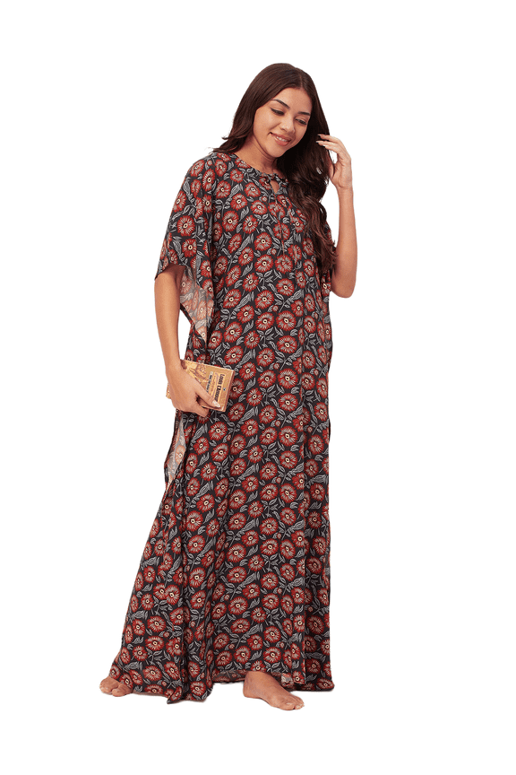 Sleepwear, Printed Kaftan Maxi For Women, Round Neck Rayon Caftan Dress
