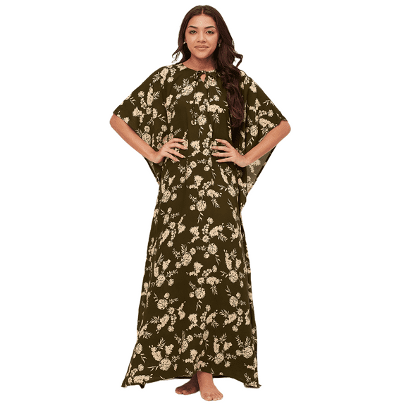 Moomaya Sleepwear, Printed Kaftan Maxi For Women, Round Neck Rayon Caftan Dress