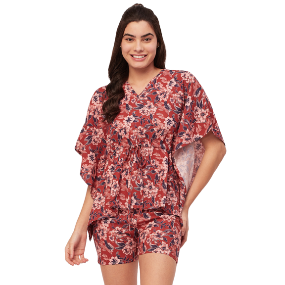 Moomaya Sleepwear, Printed Kaftan With Shorts Set, Rayon Nightwear 2 Pc Loungewear