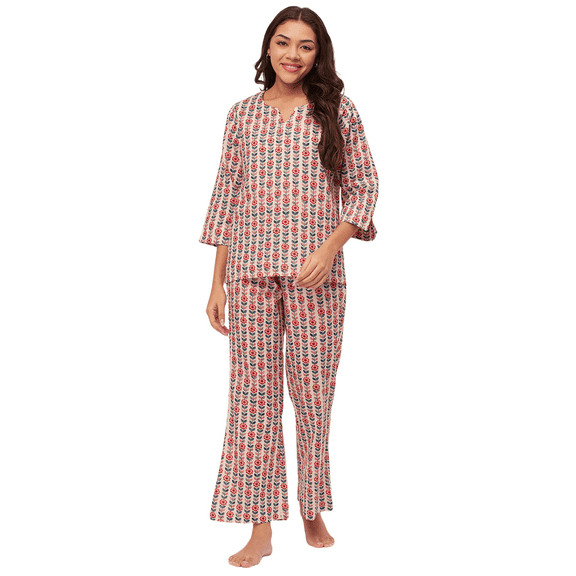 Moomaya Sleepwear, Printed Night Suit For Women, Cotton Kurta Pajama Set Pjs Loungewear