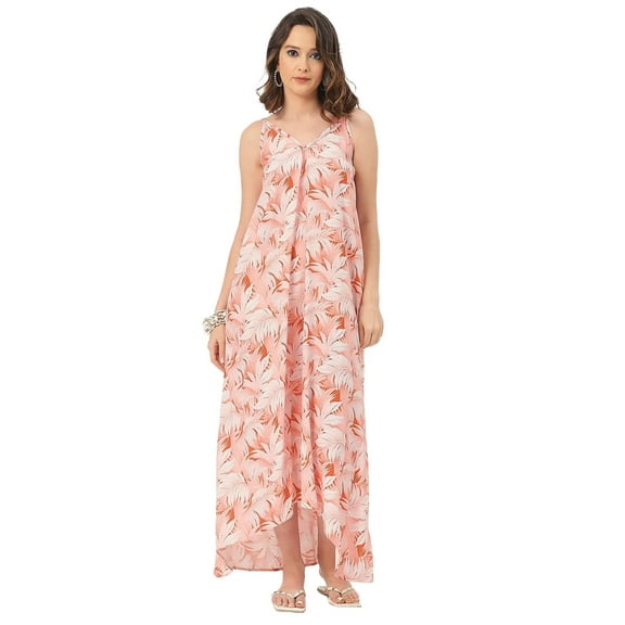 Moomaya Sleeveless Geometric High Low Rayon Dress - Trendy Summer Style