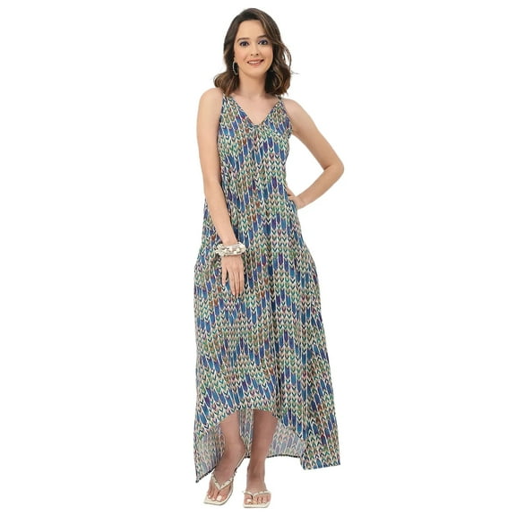 Moomaya Sleeveless Geometric High Low Rayon Dress - Trendy Summer Style