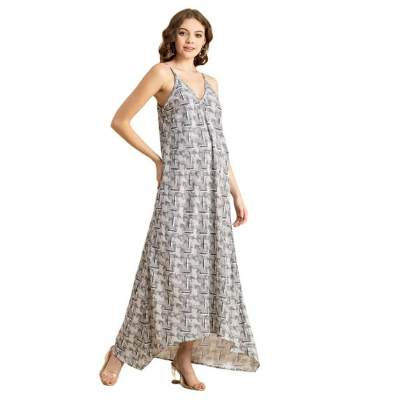 Moomaya Sleeveless Geometric High Low Rayon Dress - Trendy Summer Style