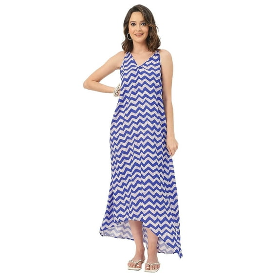 Moomaya Sleeveless Geometric High Low Rayon Dress - Trendy Summer Style