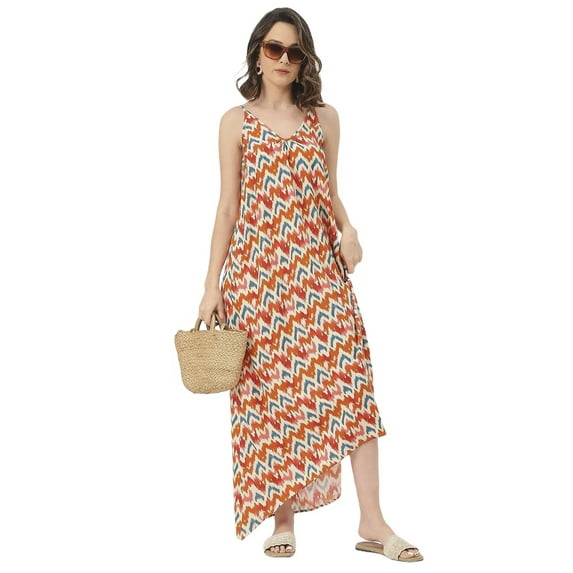 Moomaya Sleeveless Geometric High Low Rayon Dress - Trendy Summer Style