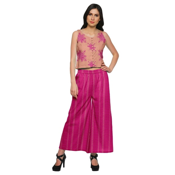 Moomaya Sleeveless Indian Cotton Slub Two Piece Crop Top Palazzo Dress Ethnic Set