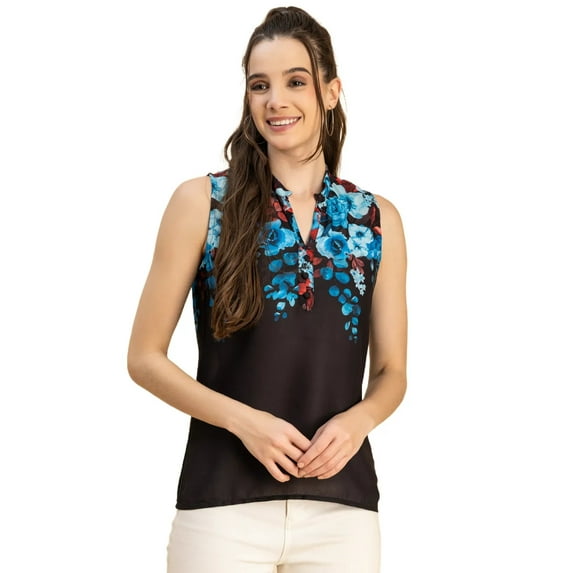 Moomaya Sleeveless Mandarin Collar Printed Georgette Top - Women's Stylish Top