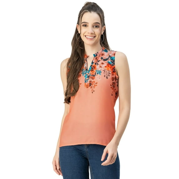 Moomaya Sleeveless Mandarin Collar Printed Georgette Top - Women's Stylish Top