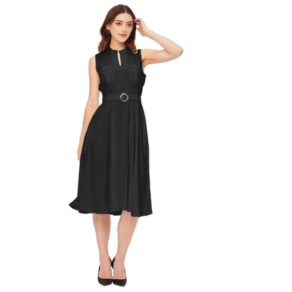 Moomaya Sleeveless Mandarin Collar Rayon Dress - Women's Elegant Flared Dress