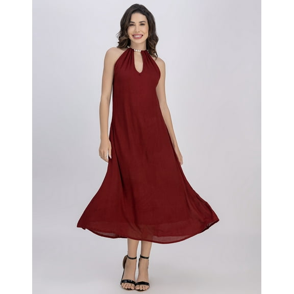 Moomaya Sleeveless Maxi Dress With Beaded Neckline Cutout, Casual Chic Wear Dress For Women