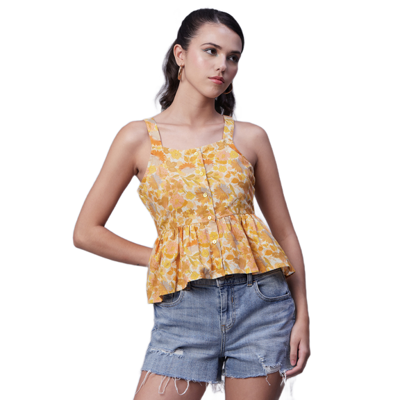 Moomaya Sleeveless Peplum Strappy Top, Printed Cotton Tank Top, Summer Tops