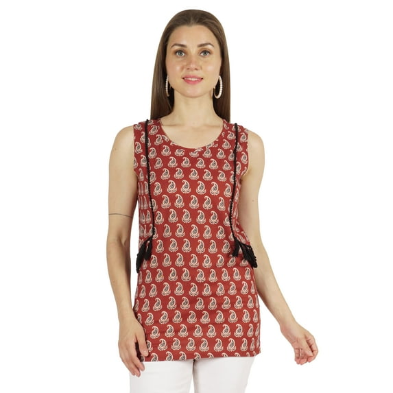 Moomaya Sleeveless Printed Cotton Tunic V-neck Summer Long Top Casual Blouse For Women