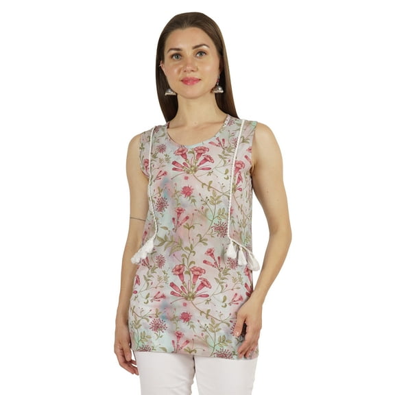 Moomaya Sleeveless Printed Cotton Tunic V-neck Summer Long Top Casual Blouse For Women
