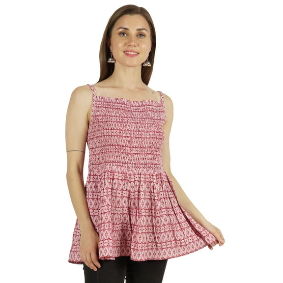 Moomaya Sleeveless Printed Peplum Tops Smocked Blouse For Women Casual Resort Wear
