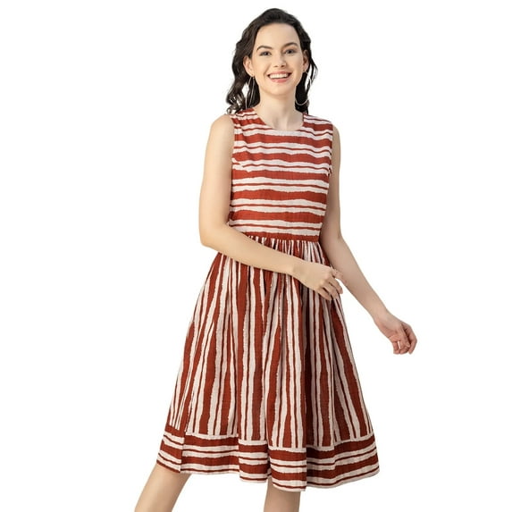 Moomaya Sleeveless Round Neck Cotton Dress - Women's Casual Fit And Flare Dress