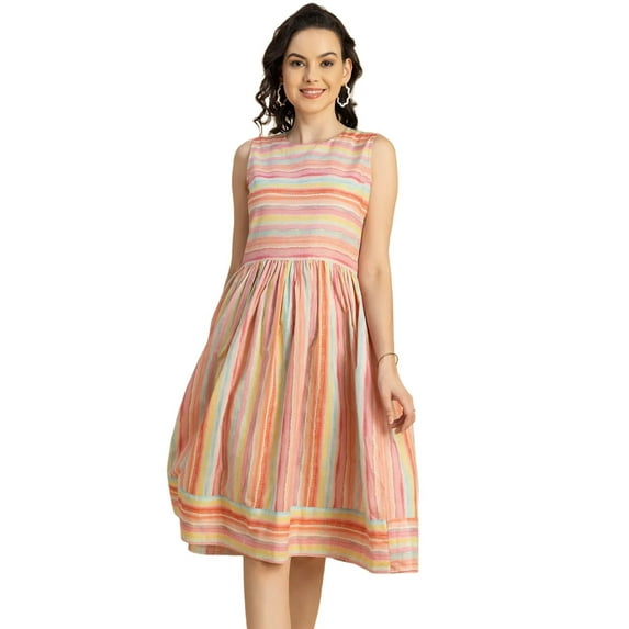 Moomaya Sleeveless Round Neck Cotton Dress - Women's Casual Fit And Flare Dress