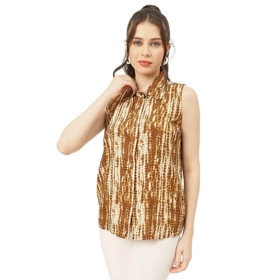 Moomaya Sleeveless Shirt Collar Printed Rayon Shirt - Women's Trendy Shirt