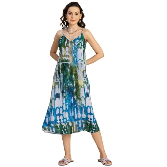 Moomaya Sleeveless V Neck A-Line Printed Rayon Dress - Women's Elegant Dress