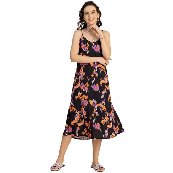 Moomaya Sleeveless V Neck A-Line Printed Rayon Dress - Women's Elegant Dress