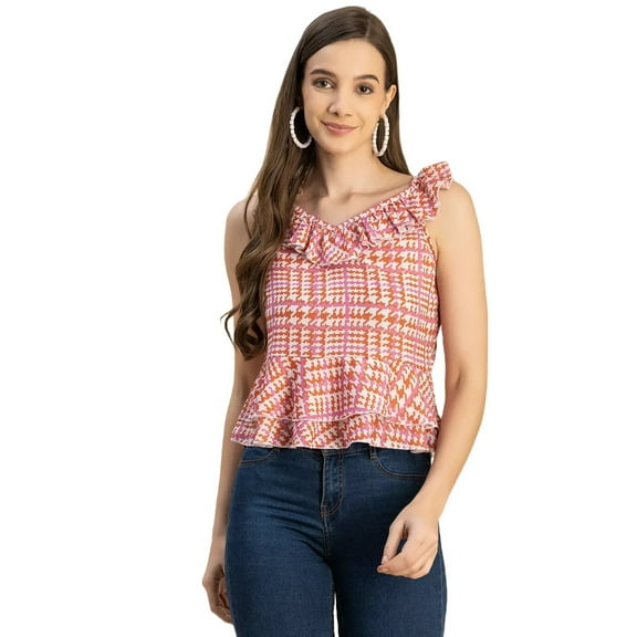 Moomaya Sleeveless V Neck Printed Georgette Top - Women's Trendy Peplum Top