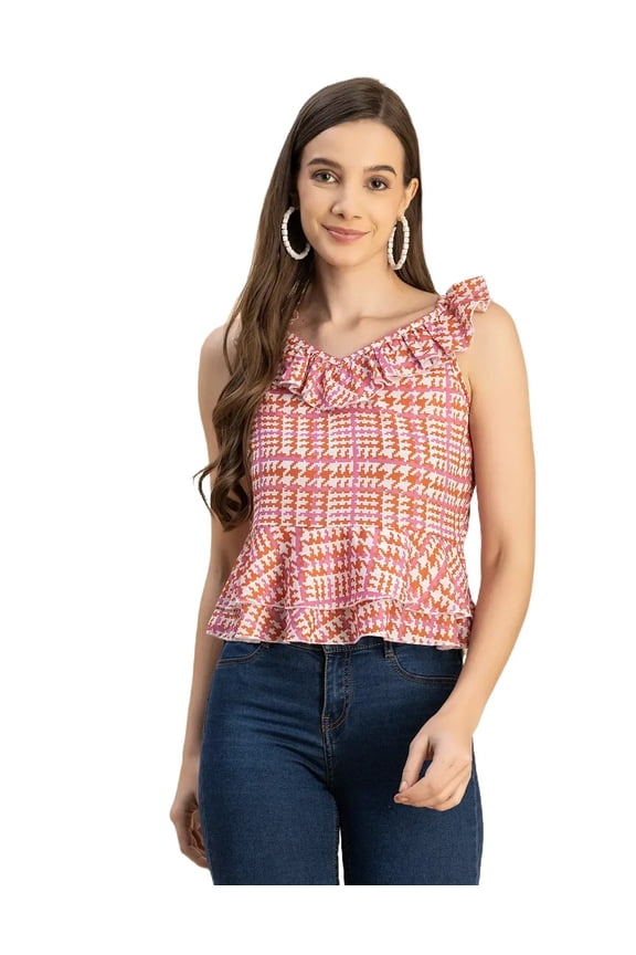 Sleeveless V Neck Printed Georgette Top - Women's Trendy Peplum Top