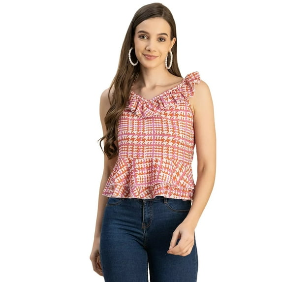 Moomaya Sleeveless V Neck Printed Georgette Top - Women's Trendy Peplum Top