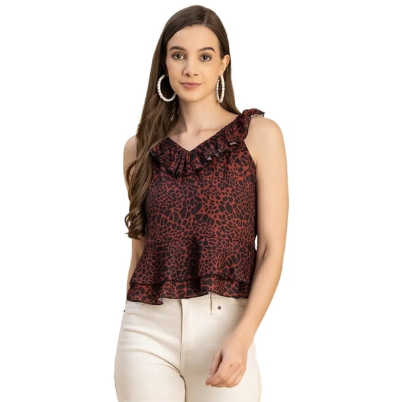Moomaya Sleeveless V Neck Printed Georgette Top - Women's Trendy Peplum Top