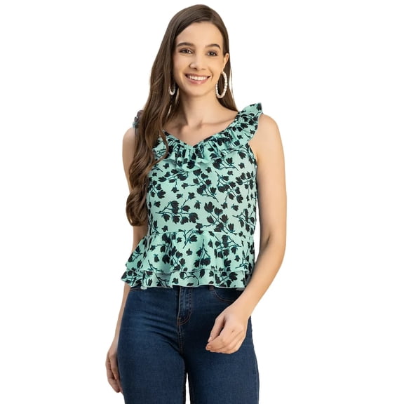 Moomaya Sleeveless V Neck Printed Georgette Top - Women's Trendy Peplum Top