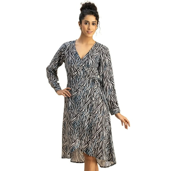 Moomaya Slim Fit Printed Long Sleeve Wrap Dress - V Neck Cocktail Evening Dress