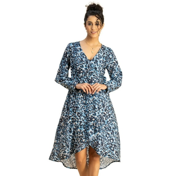 Moomaya Slim Fit Printed Long Sleeve Wrap Dress - V Neck Cocktail Evening Dress