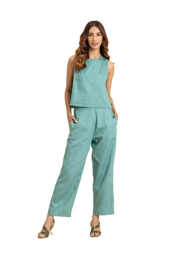 Solid 2 Pcs Casual Cotton Co-Ord Set, Wood Buttons On Back, Top With Pants