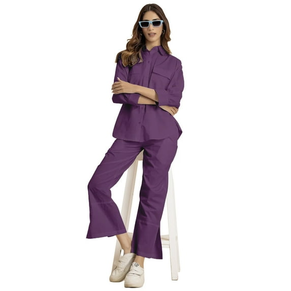 Moomaya Solid 2 Pcs Cotton Co-Ord Set, Everyday Wear Long Shirt With Pants